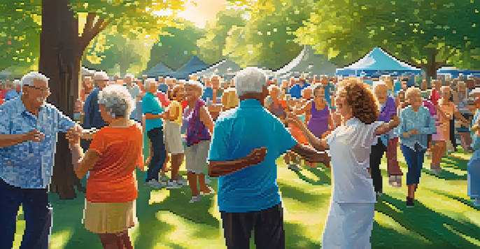 A lively outdoor dance event with seniors dancing, colorful decorations, and a live band, showcasing joy and community engagement.