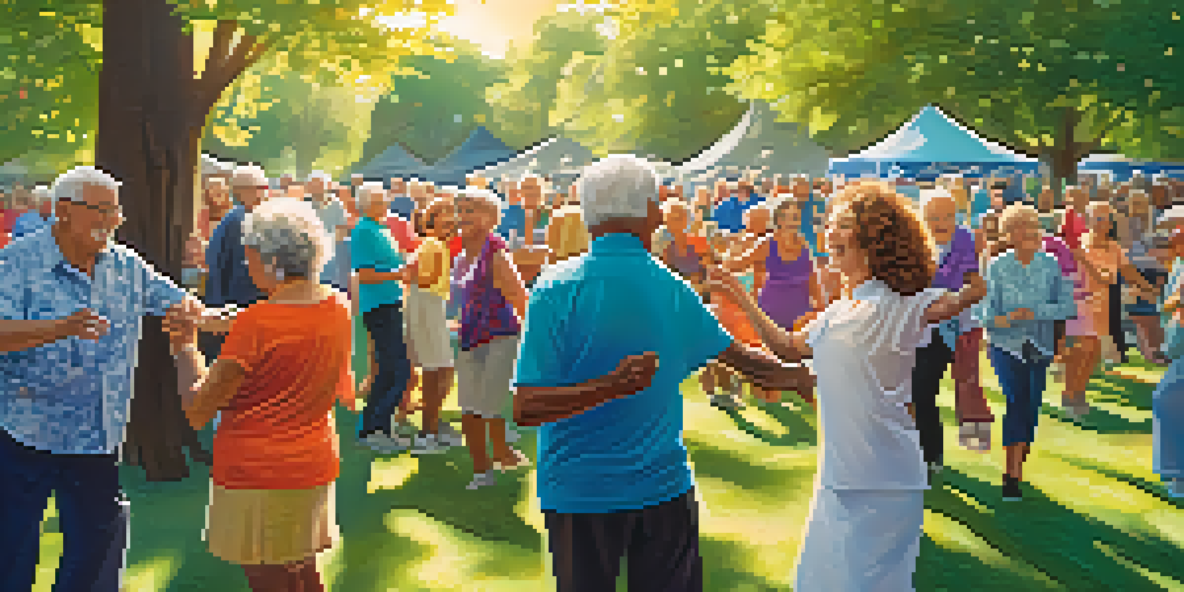 A lively outdoor dance event with seniors dancing, colorful decorations, and a live band, showcasing joy and community engagement.