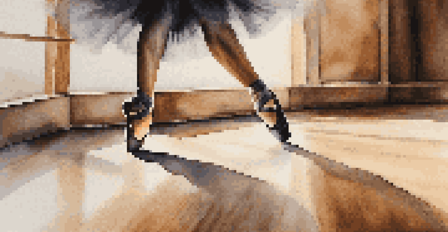 A close-up of a dancer's feet in motion, emphasizing intricate footwork on a wooden stage with dynamic lighting and shadows.