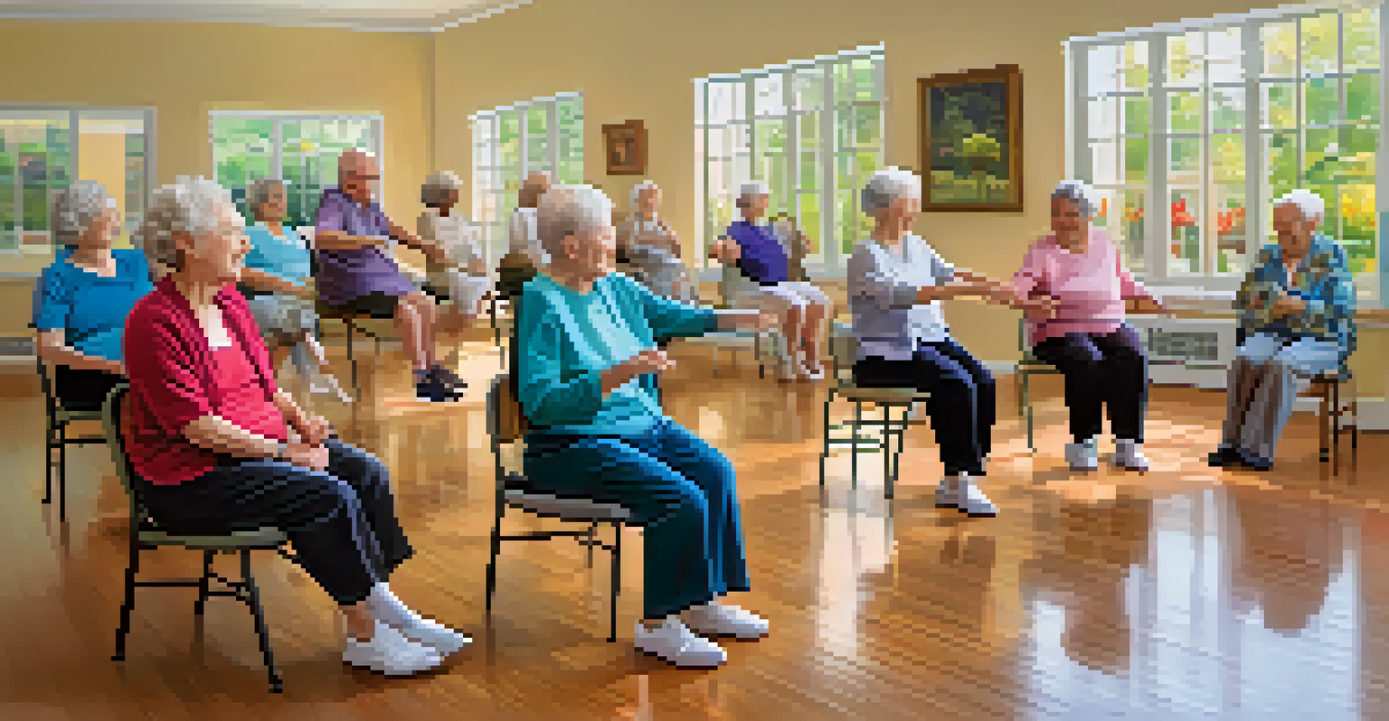 Seniors enjoying a gentle chair dance class in a bright and inviting environment.