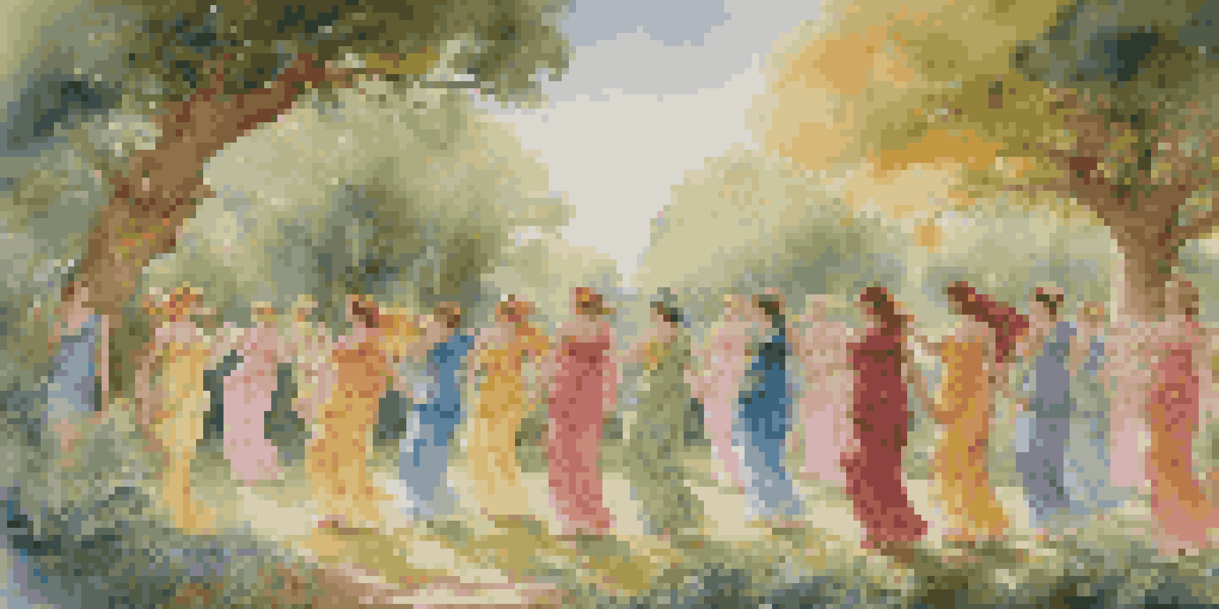 Ancient Greek goddesses, the Muses, dancing in a sunlit grove with colorful garments and classical columns in the background.