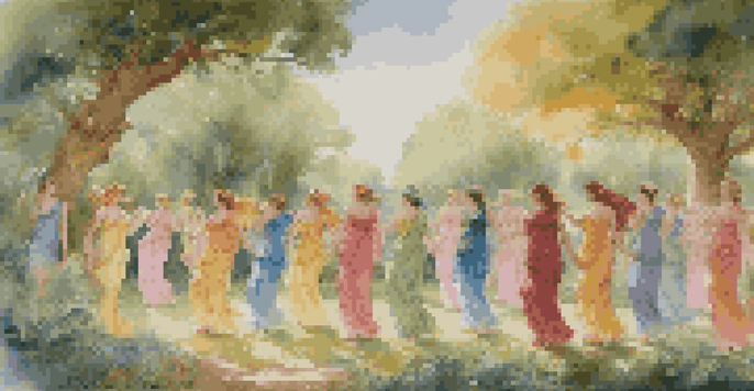 Ancient Greek goddesses, the Muses, dancing in a sunlit grove with colorful garments and classical columns in the background.