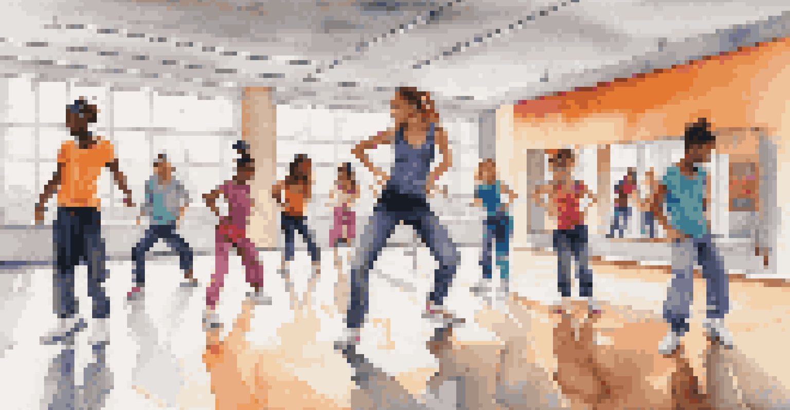 A group of young dancers practicing a hip-hop routine in a vibrant dance studio, with mirrors reflecting their energetic movements and colorful mats on the floor.