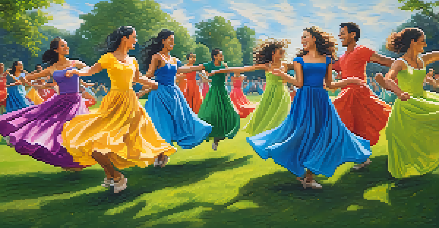A lively outdoor group dance session in a park, showcasing participants in colorful clothing dancing together under a clear blue sky.