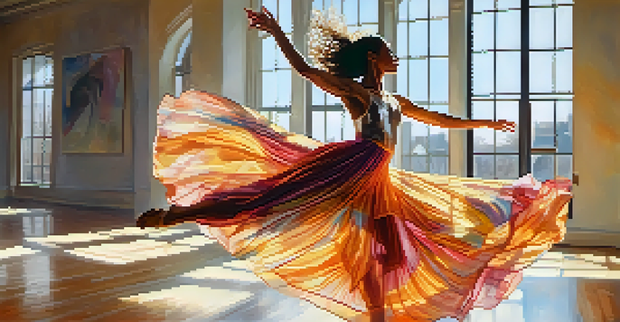 A contemporary dancer in a colorful outfit performing in a sunlit studio, with mirrors reflecting their graceful movements.