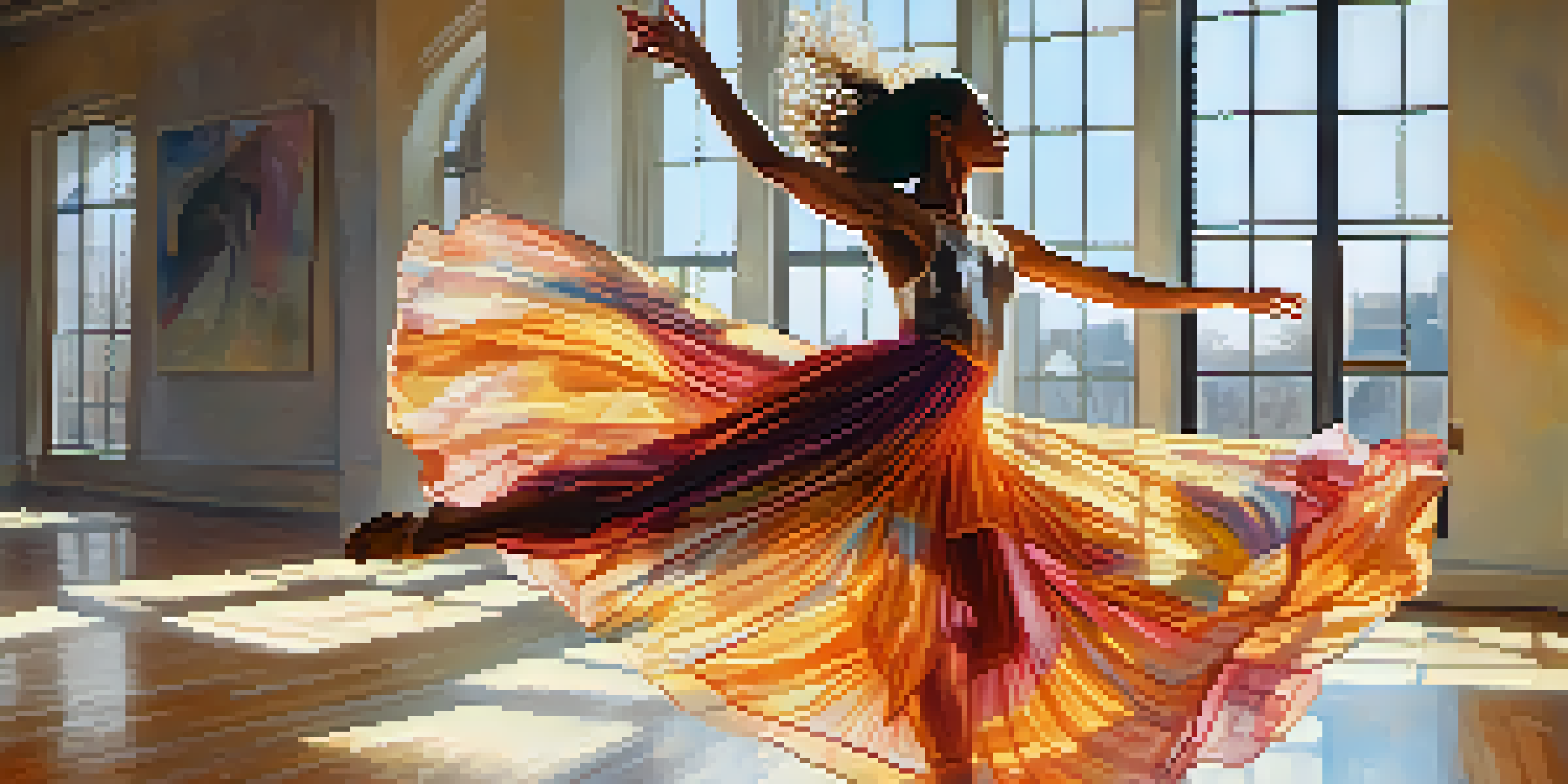 A contemporary dancer in a colorful outfit performing in a sunlit studio, with mirrors reflecting their graceful movements.