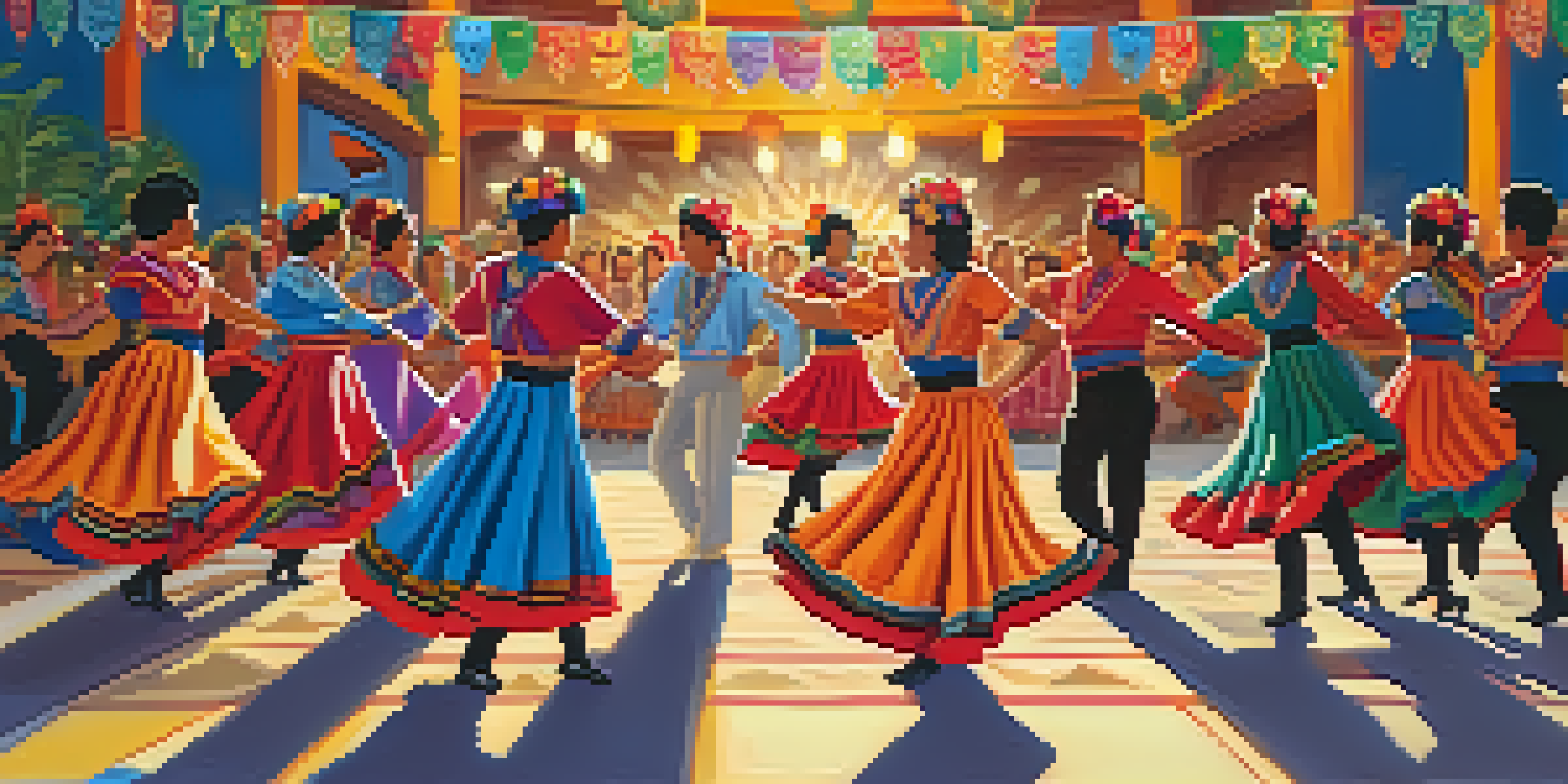 A lively performance of Latin American folk dance with dancers in bright costumes and a festive atmosphere.