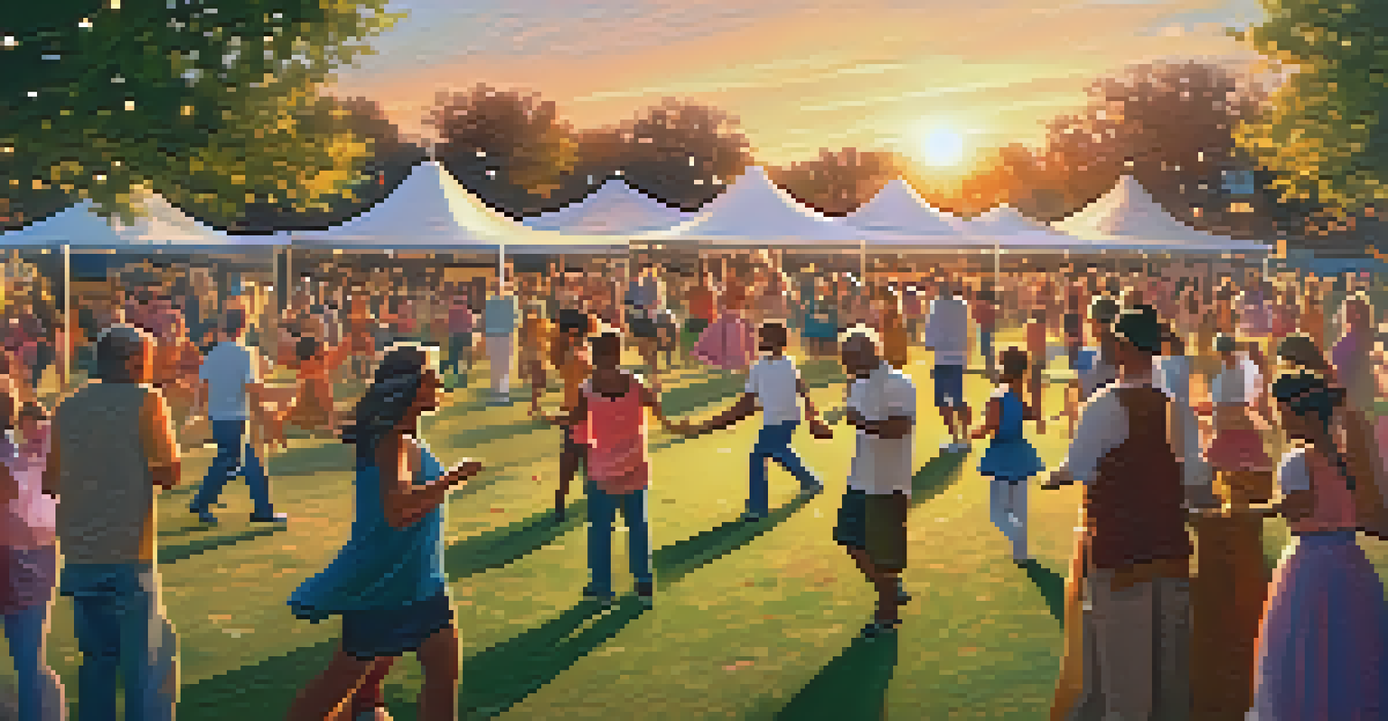 A community dance event in a park at sunset, with participants dancing and enjoying the lively atmosphere surrounded by families and decorations.