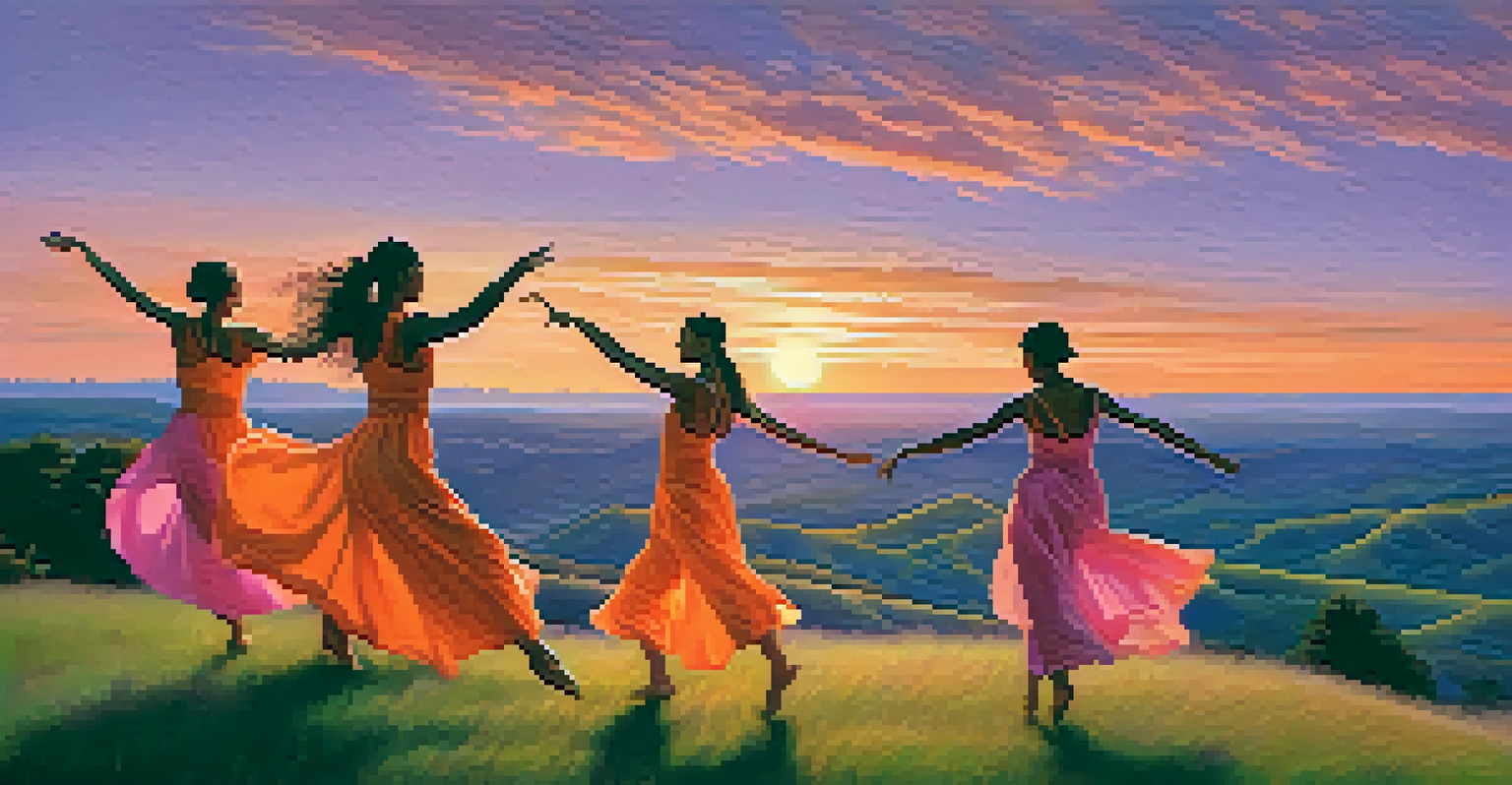Dancers performing on a grassy hill at sunset, with a colorful sky creating a beautiful backdrop for their graceful movements.