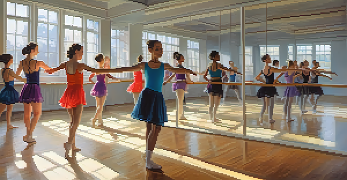 A lively dance studio with dancers of different ages participating in a contemporary dance class, illuminated by soft natural light.