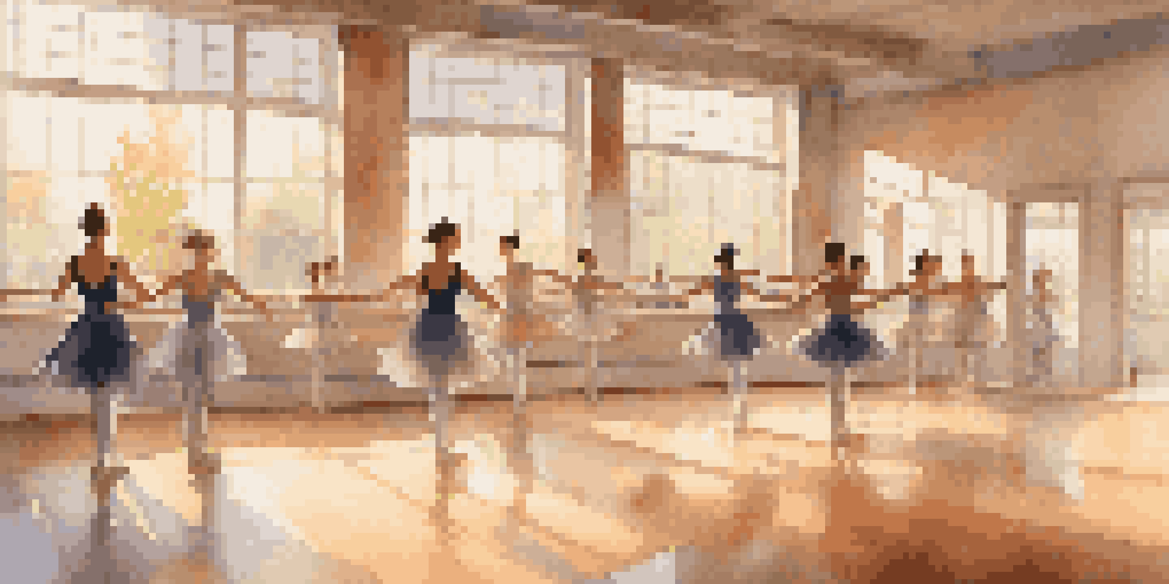 A dance studio with natural light where a diverse group of people practice ballet, creating a warm and inviting atmosphere.