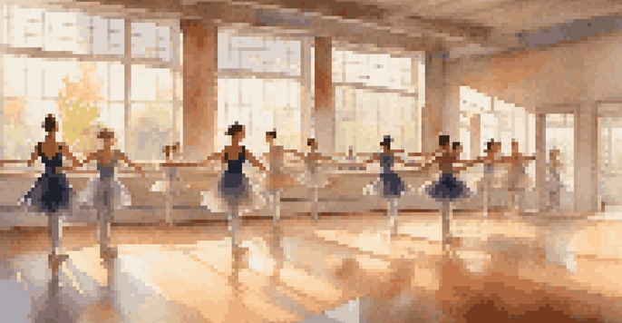 A dance studio with natural light where a diverse group of people practice ballet, creating a warm and inviting atmosphere.