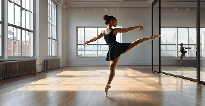 A dancer using choreography software on a tablet in a bright studio with wooden floors and mirrors.
