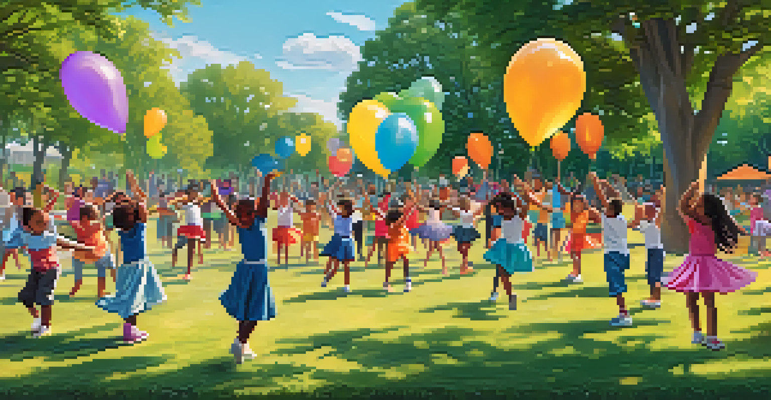 Children of various backgrounds dancing together in a sunny park, surrounded by greenery and colorful decorations.