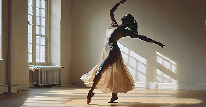 A dancer in a dimly lit room, expressing deep emotion through movement, with flowing fabric and soft shadows.