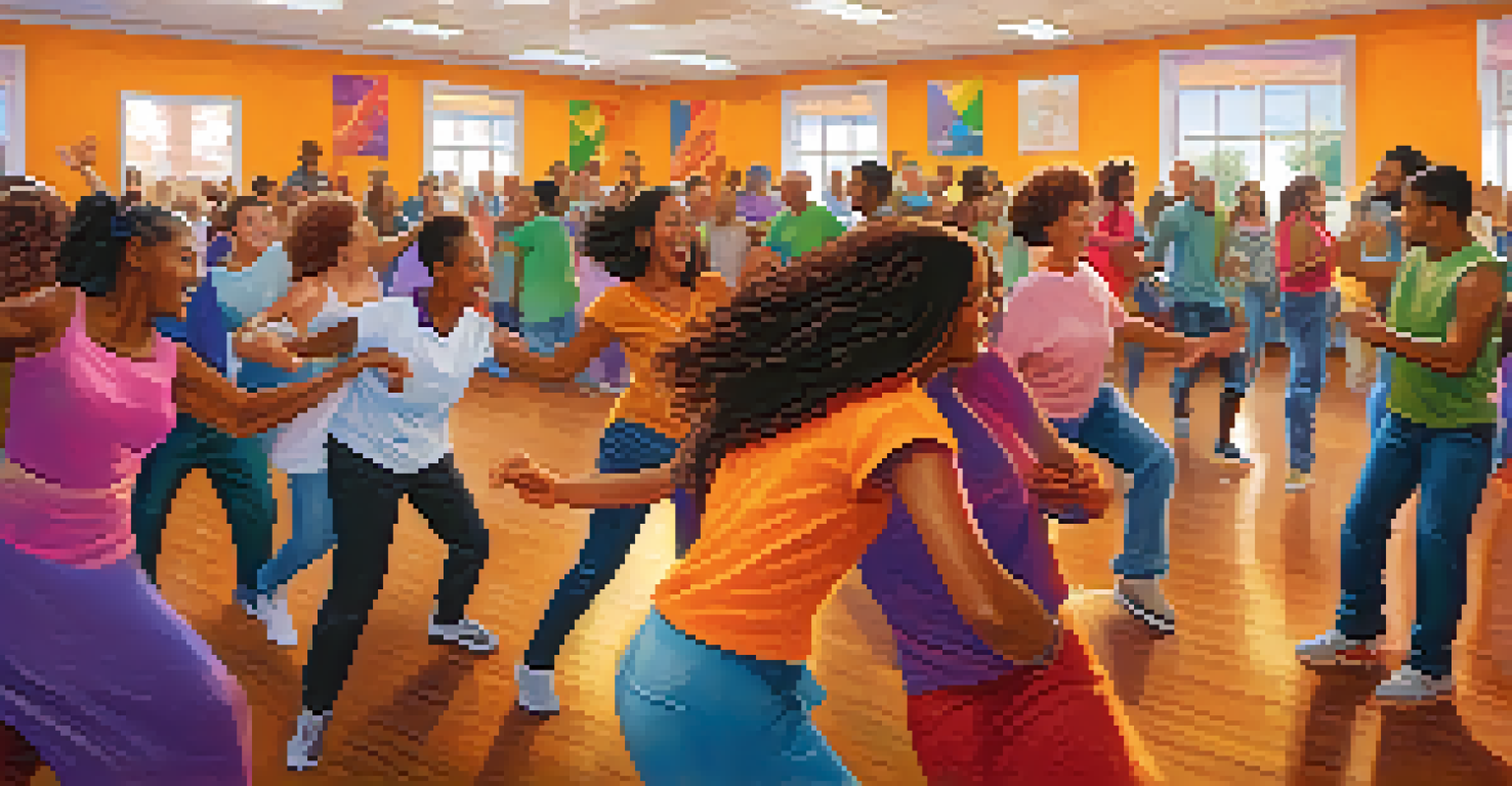 A diverse group of individuals dancing joyfully together in a colorful community center, showcasing happiness and connection.