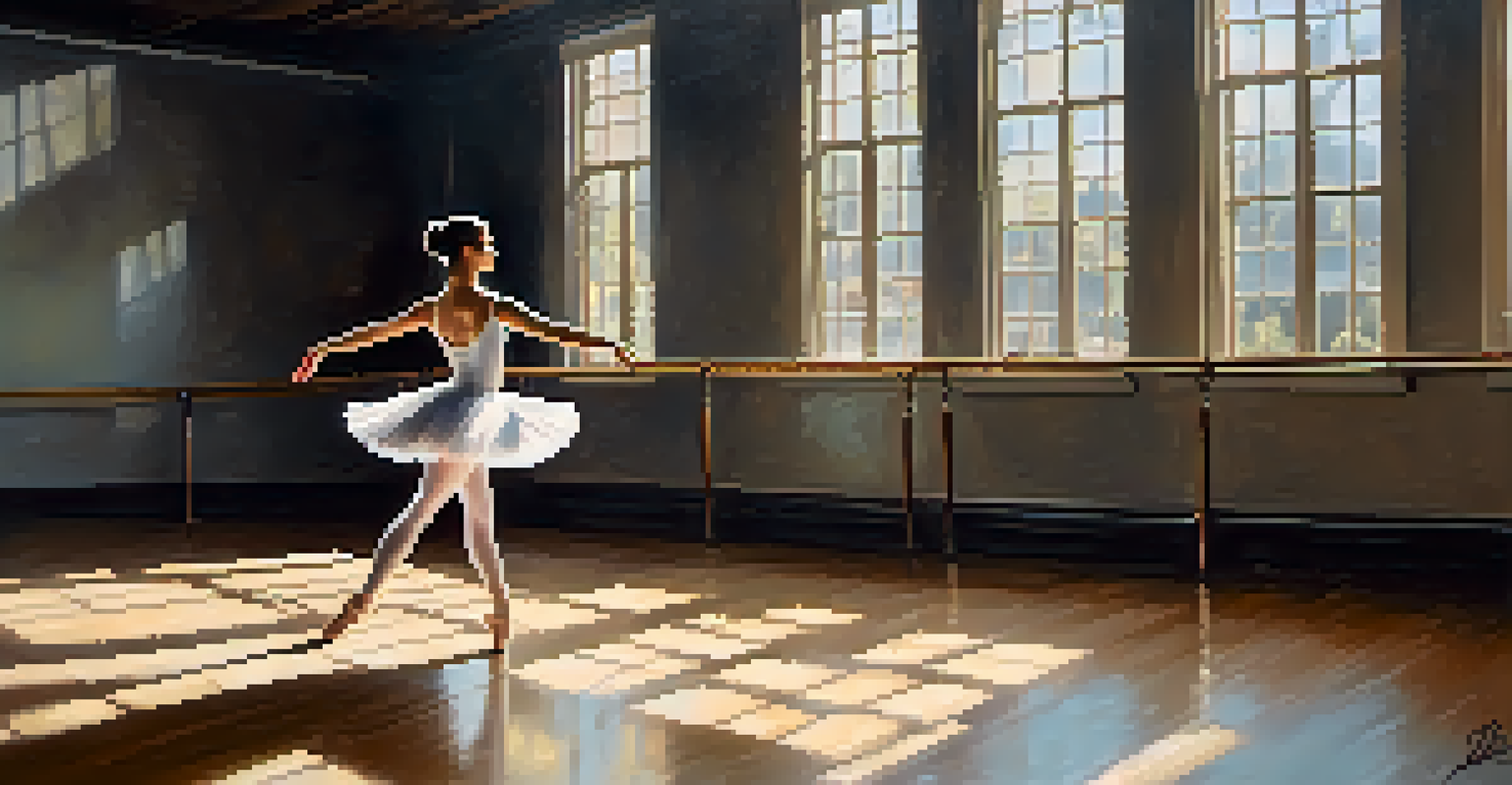 A ballerina rehearsing in a sunlit dance studio with wooden floors and large windows, creating a serene and focused atmosphere as she practices her pirouettes.