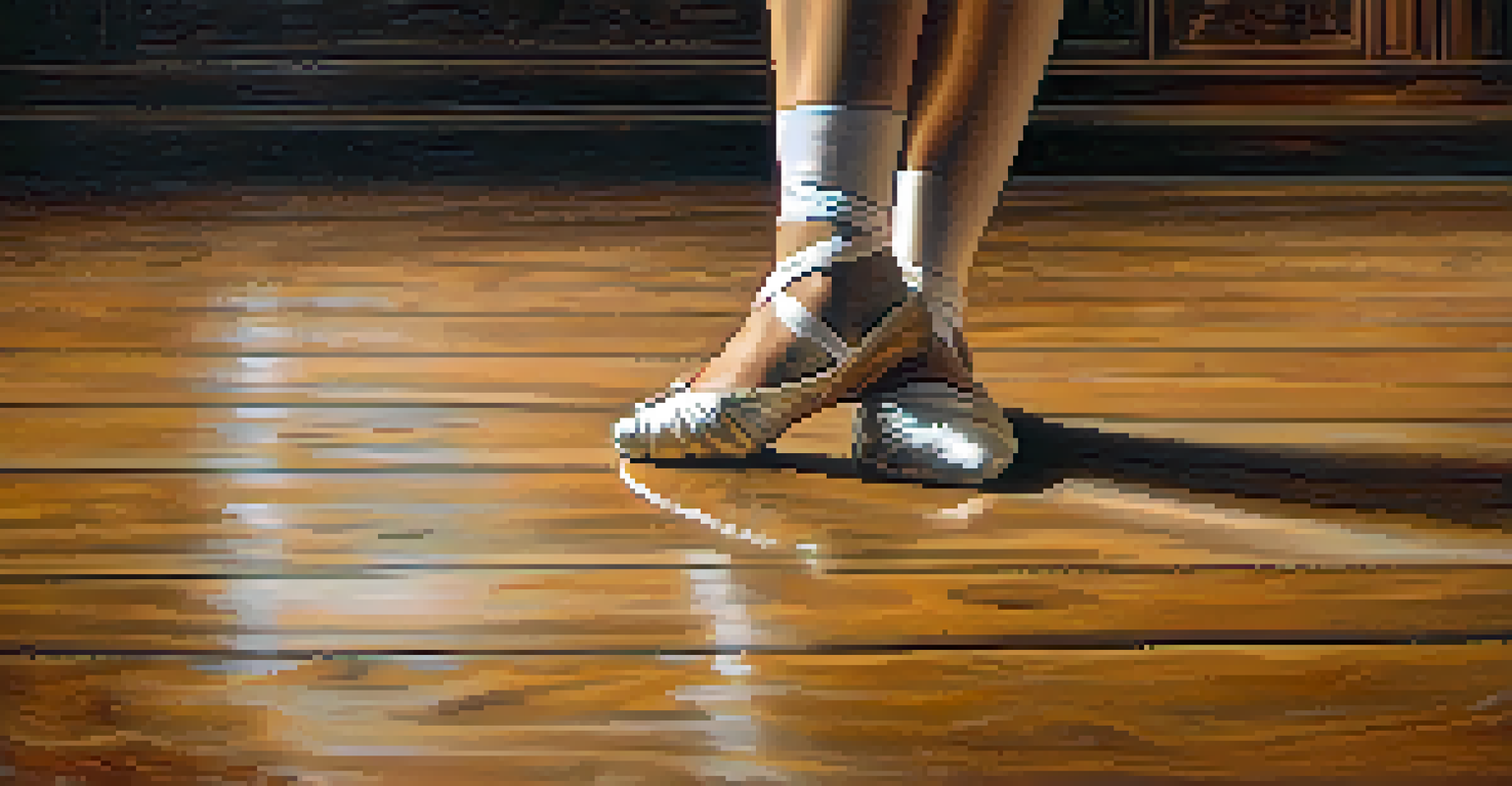 Close-up of a dancer's feet in motion on a wooden stage, highlighting the texture of the floor and dance shoes.