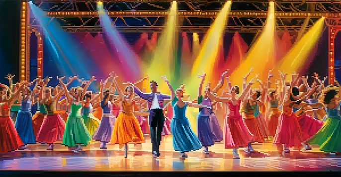 A lively dance performance on stage with dancers in colorful costumes and bright lights in the background.