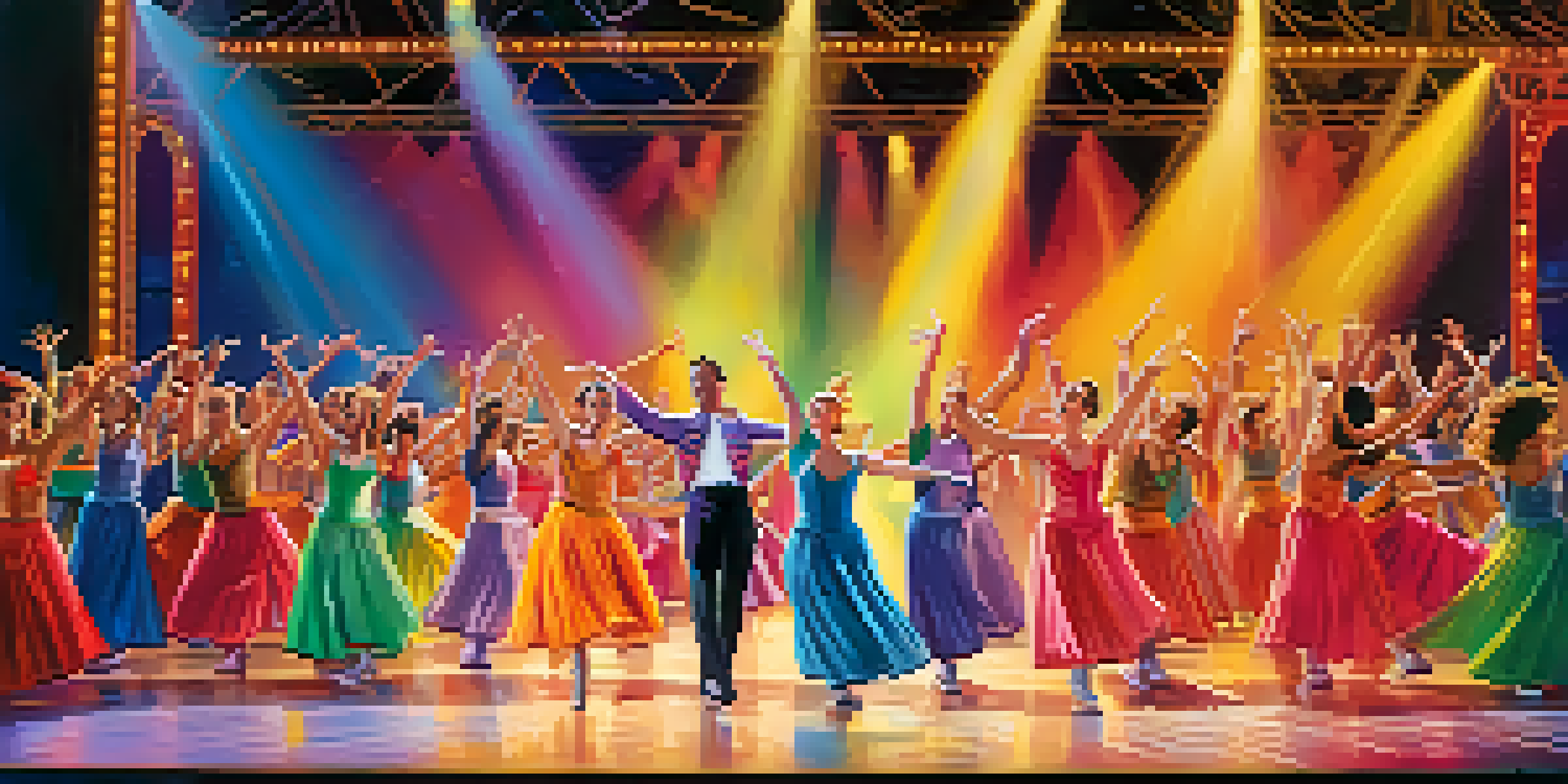 A lively dance performance on stage with dancers in colorful costumes and bright lights in the background.
