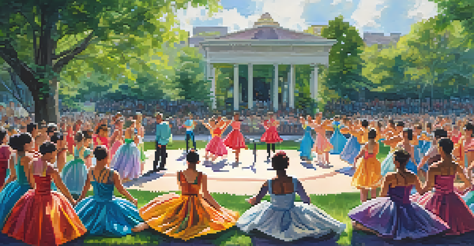 Dancers with disabilities performing in a park, dressed in colorful costumes, while an engaged audience watches amidst greenery.