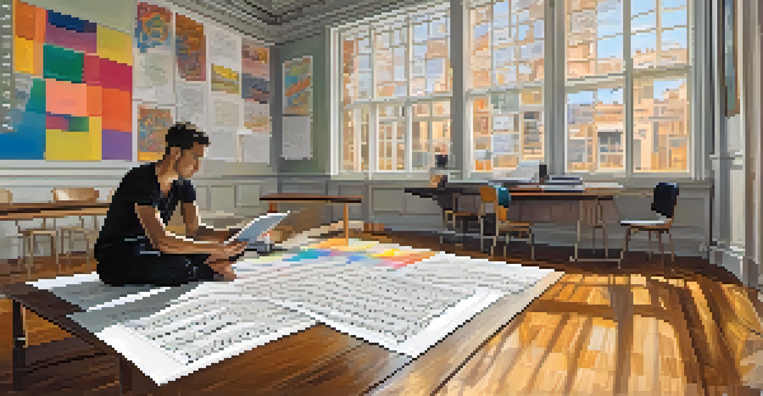 Choreographer at a table with digital notation software, surrounded by dance notation sheets and sketches.