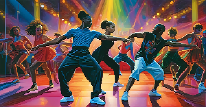 A group of diverse dancers performing a fusion of ballet and hip-hop on stage with bright colored lights.