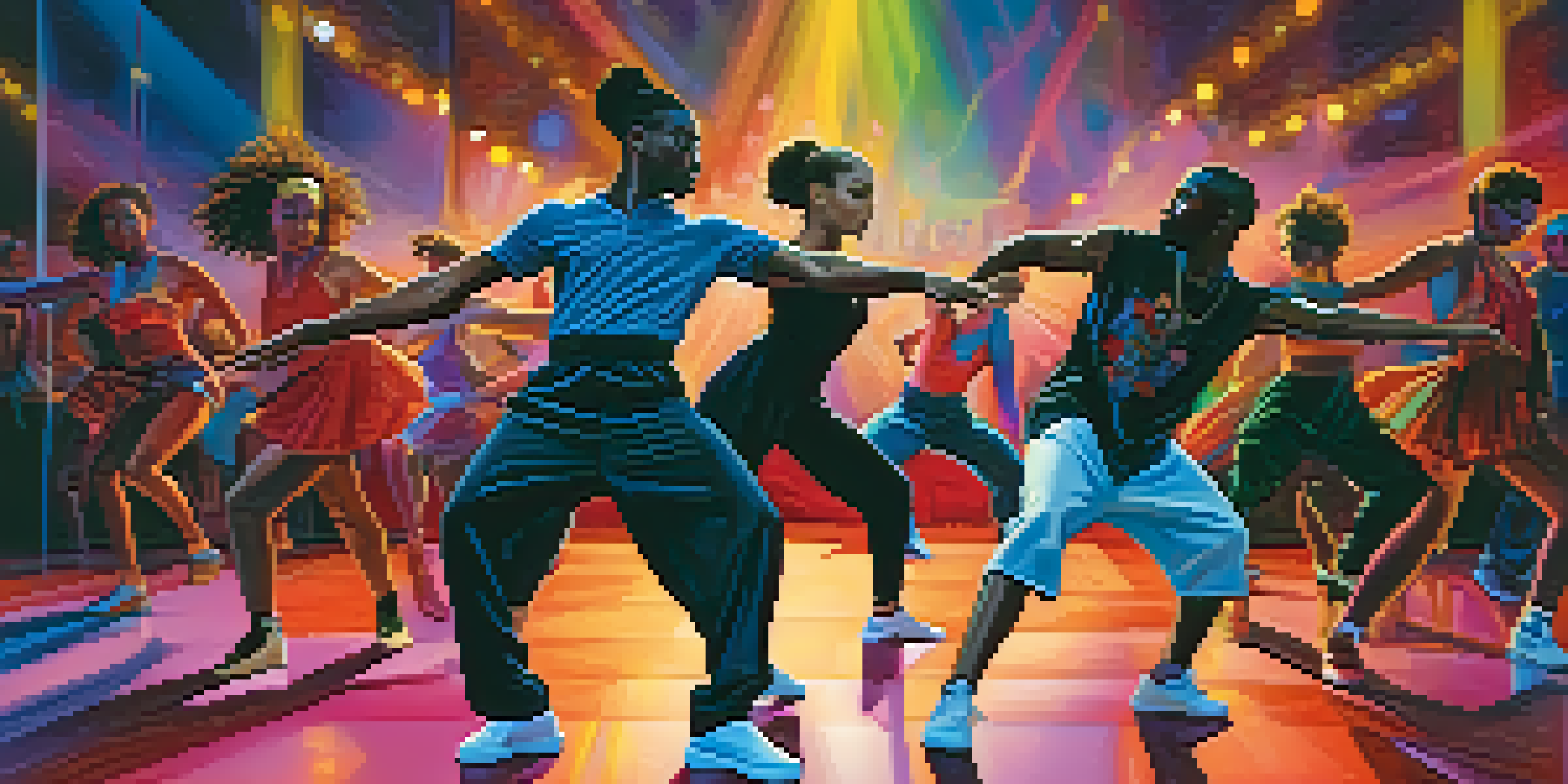 A group of diverse dancers performing a fusion of ballet and hip-hop on stage with bright colored lights.