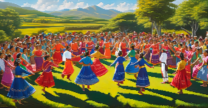 A diverse group of dancers in colorful traditional costumes performing a ritualistic dance in a circle, surrounded by a lush green landscape and bright blue sky.