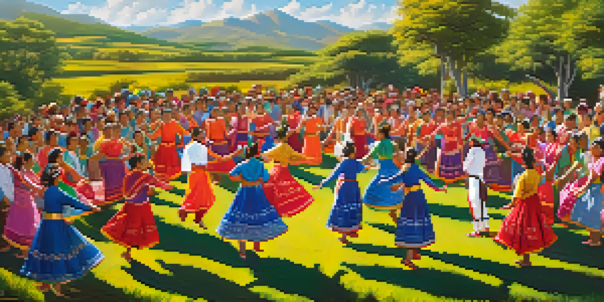 A diverse group of dancers in colorful traditional costumes performing a ritualistic dance in a circle, surrounded by a lush green landscape and bright blue sky.
