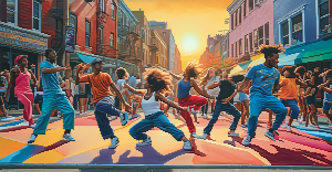 A lively urban scene with diverse street dancers showcasing breakdancing moves against a colorful mural at sunset.