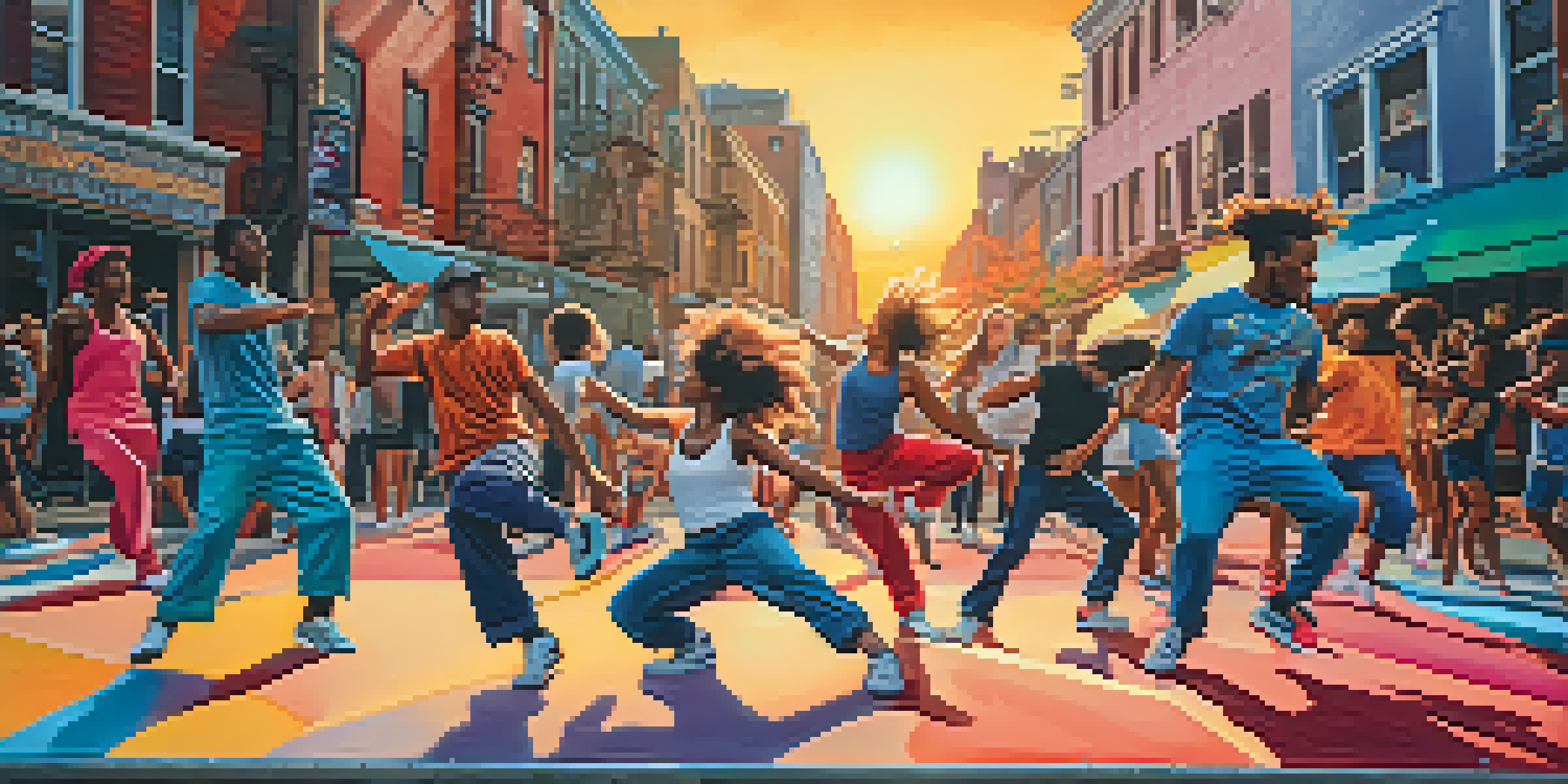 A lively urban scene with diverse street dancers showcasing breakdancing moves against a colorful mural at sunset.
