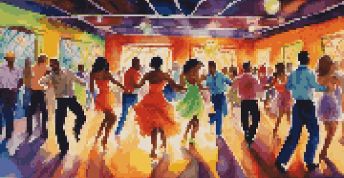 A vibrant club scene with dancers performing Salsa, showcasing energetic movements and colorful lights.
