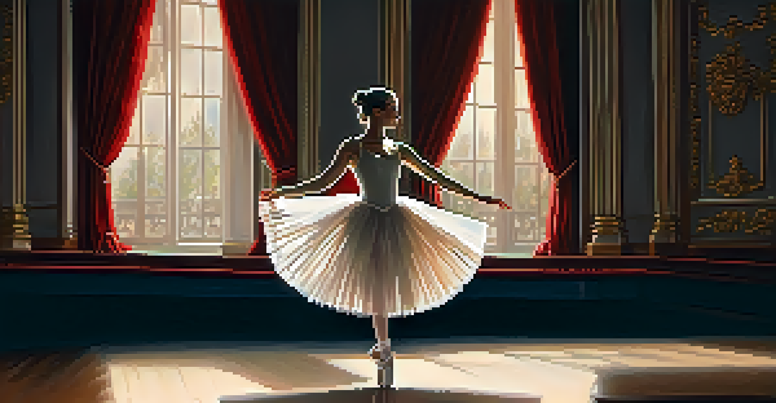 A ballerina performing on stage in a white tutu, with a classic theater backdrop and an audience in silhouette.