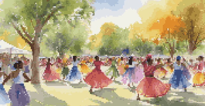 A lively community dance event in a park with diverse dancers in colorful costumes, showcasing joy and cultural celebration.