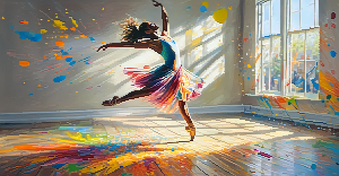A dancer joyfully leaping in a bright studio filled with colorful paint splashes, illuminated by sunlight.