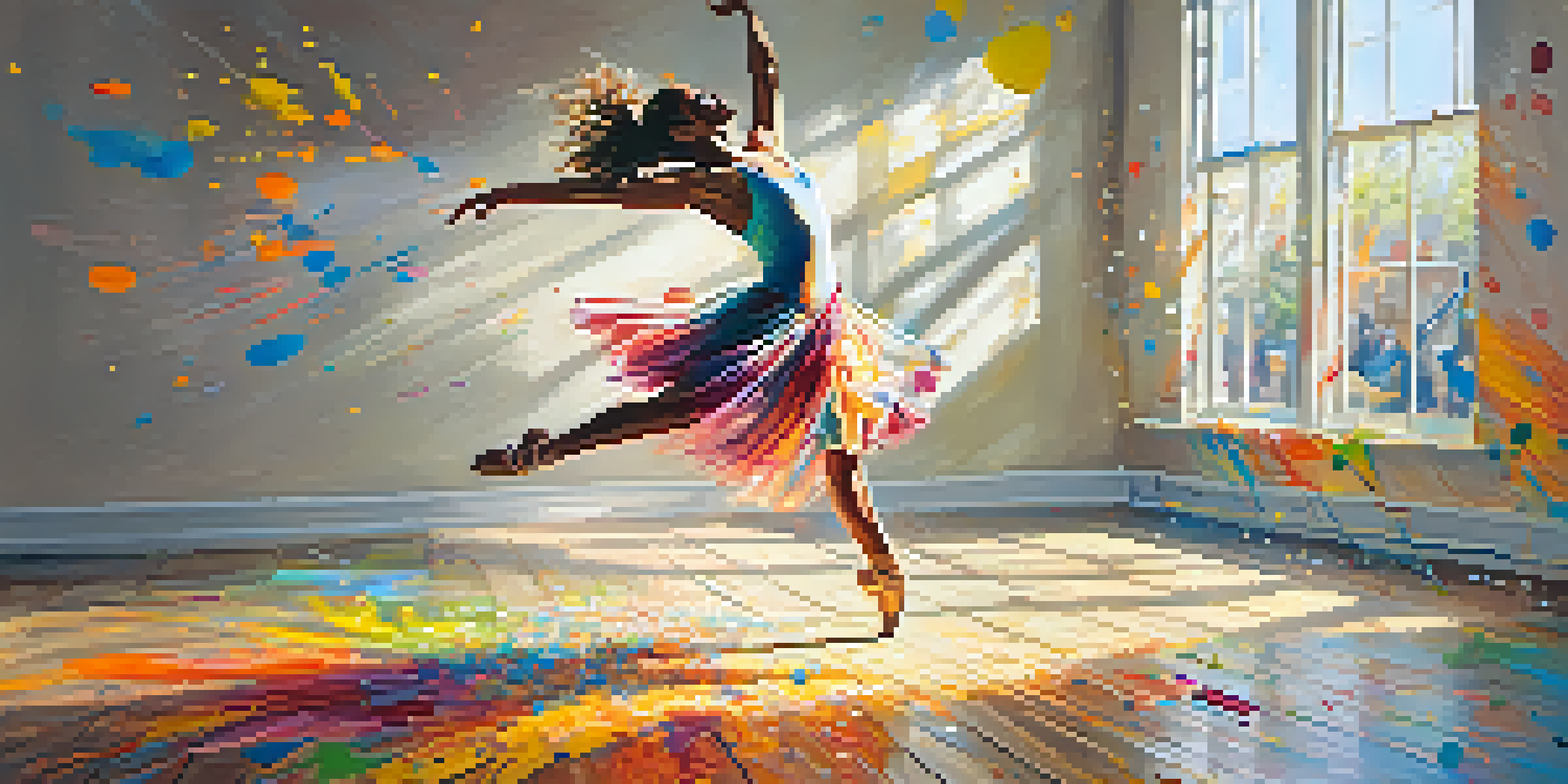A dancer joyfully leaping in a bright studio filled with colorful paint splashes, illuminated by sunlight.