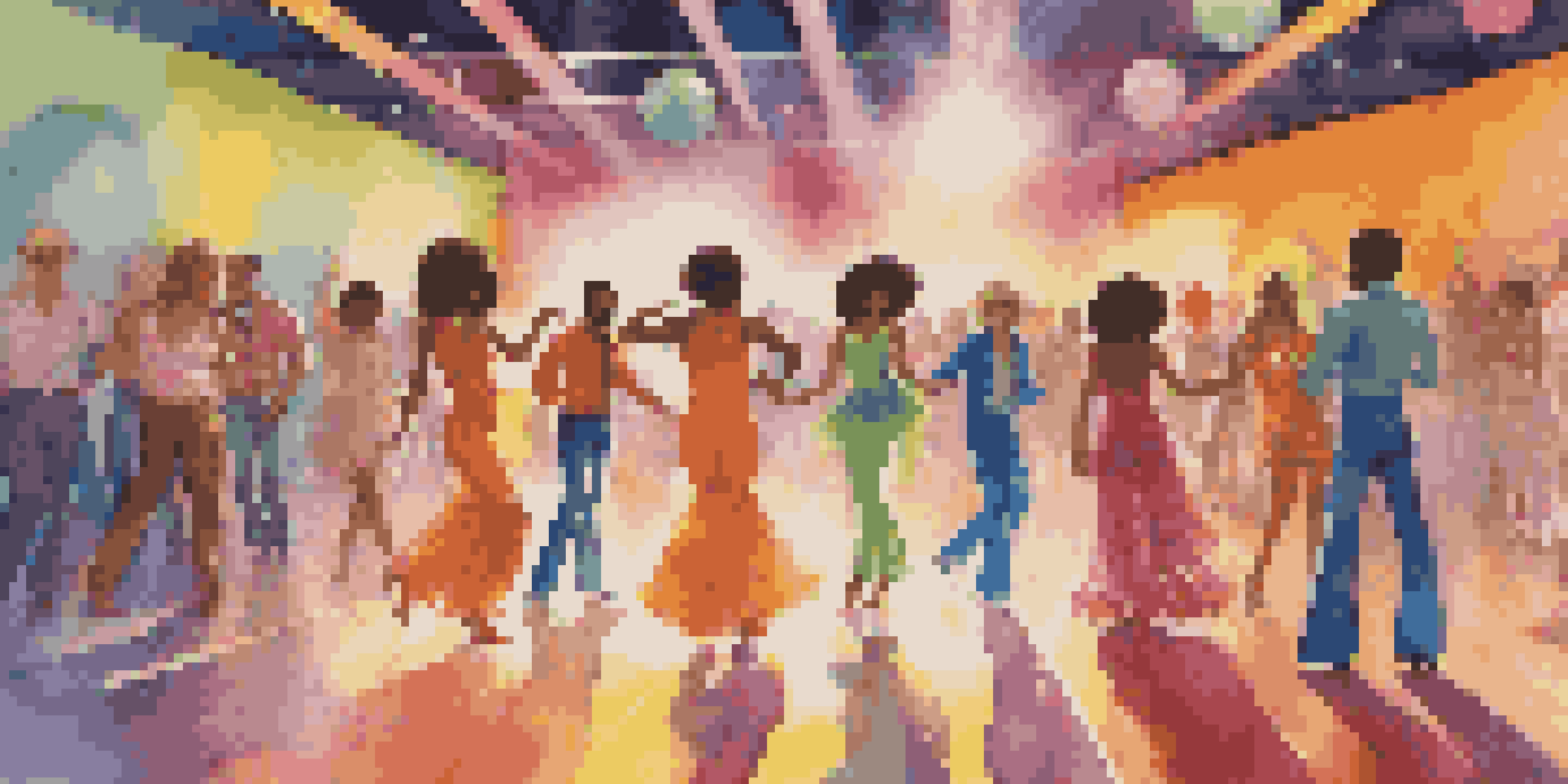 A lively 1970s disco scene with diverse dancers in colorful outfits on a vibrant dance floor, illuminated by disco balls.
