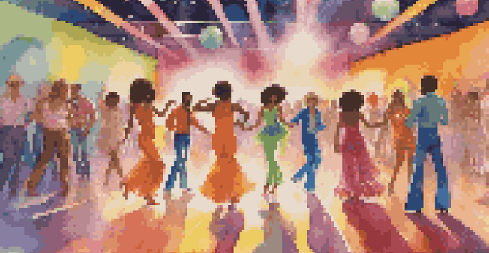 A lively 1970s disco scene with diverse dancers in colorful outfits on a vibrant dance floor, illuminated by disco balls.