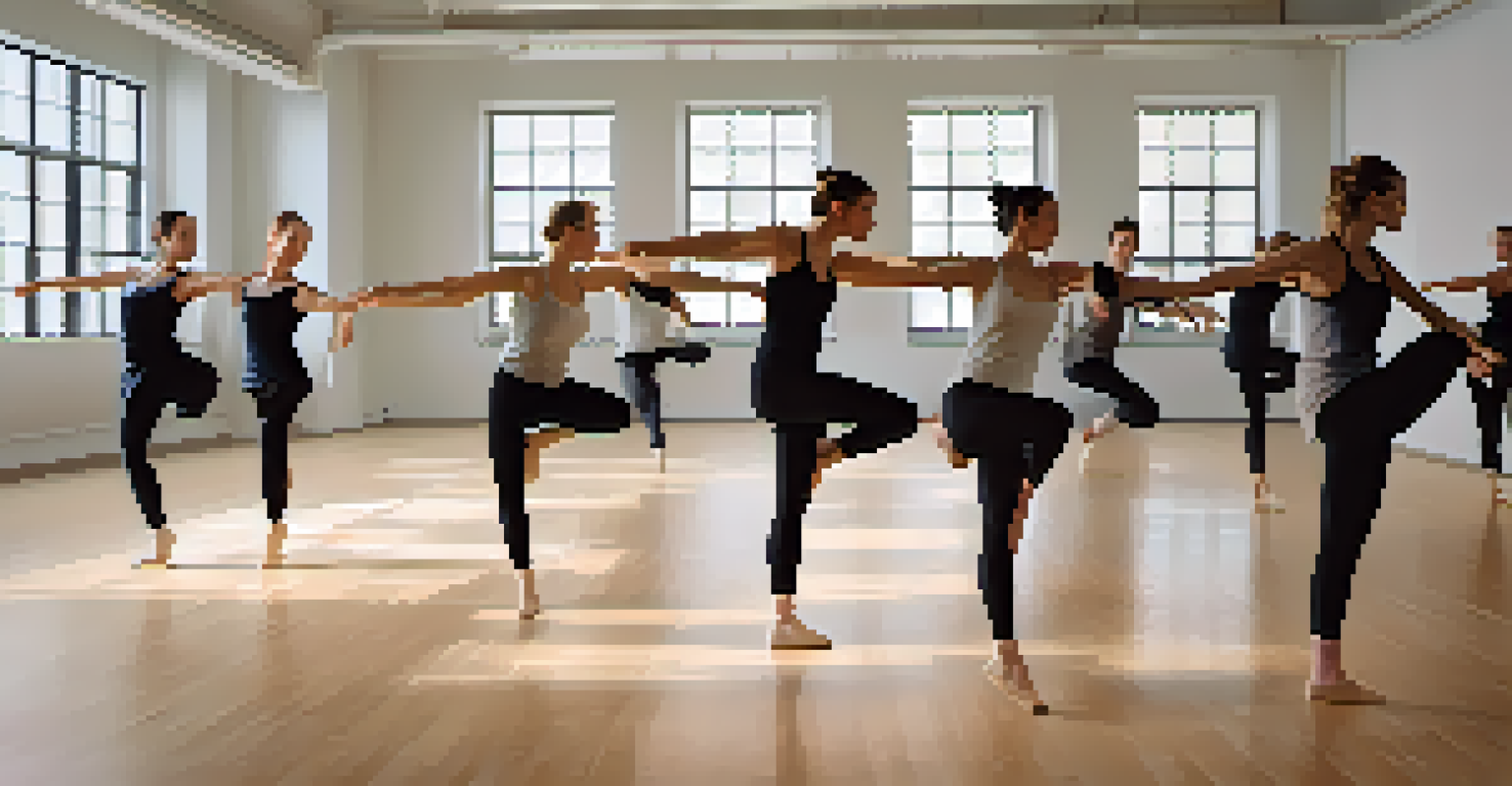 A contemporary dance workshop with team members in expressive poses, set in a softly lit minimalist space, showcasing creativity and emotion.