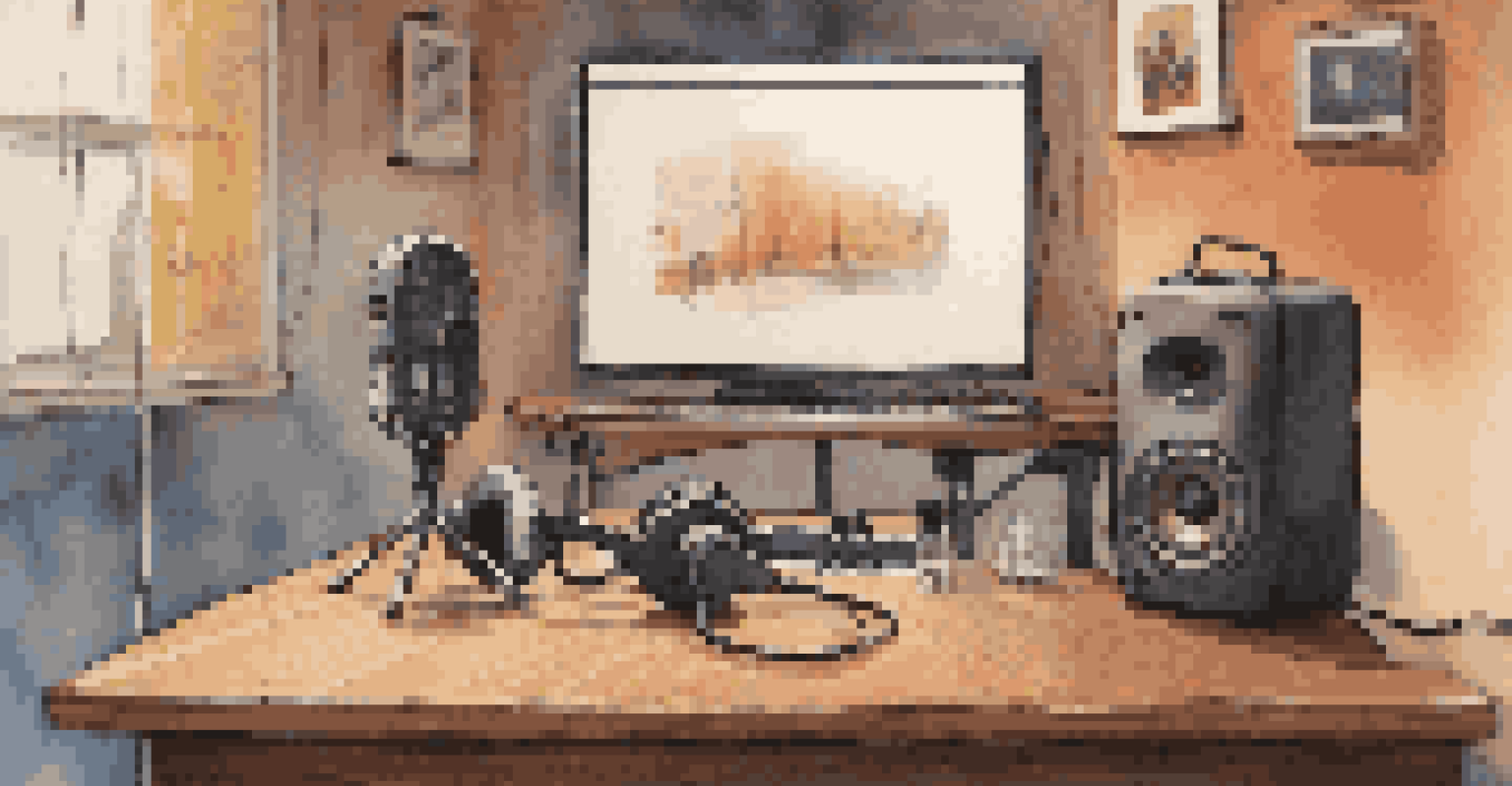 A cozy podcast recording setup with a microphone and headphones, surrounded by dance posters.