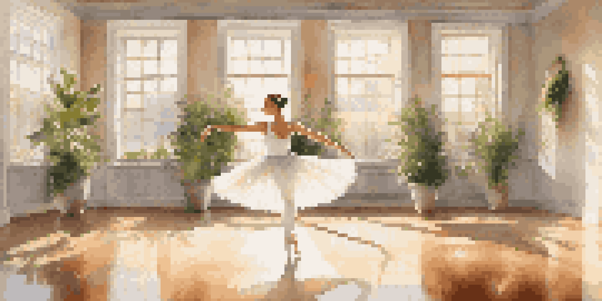A ballerina in mid-leap in a sunlit dance studio with mirrors and potted plants.