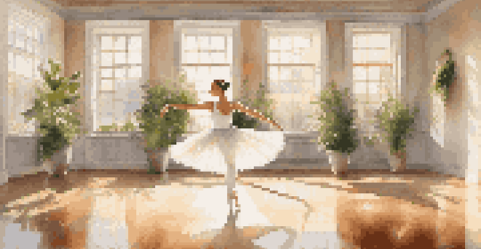 A ballerina in mid-leap in a sunlit dance studio with mirrors and potted plants.