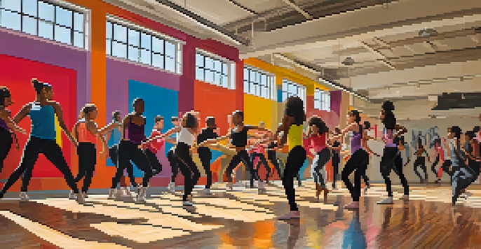 A lively dance studio with dancers of different ethnicities practicing various dance styles in bright natural light.