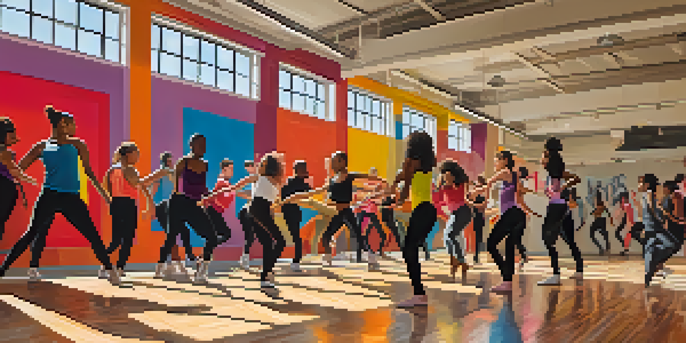 A lively dance studio with dancers of different ethnicities practicing various dance styles in bright natural light.
