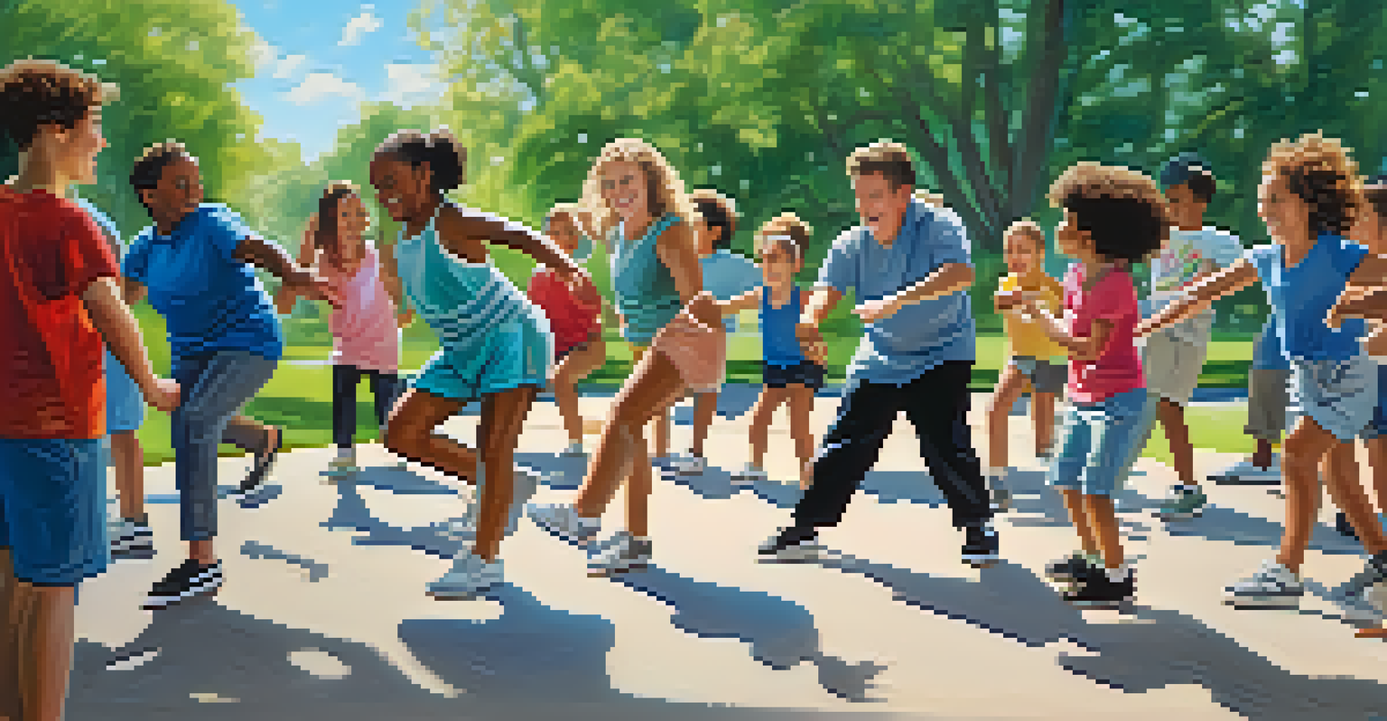 An outdoor tap dance workshop in a city park, featuring participants of various ages learning from an instructor amidst greenery and a clear blue sky.