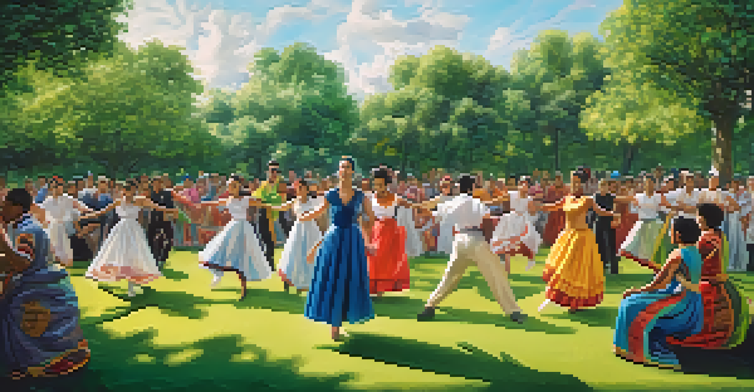 Dancers from various cultures performing together on an outdoor stage in a park, with an engaged audience watching.