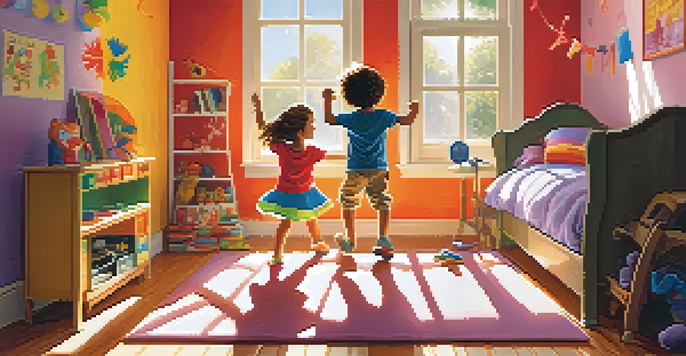 Two young children dancing joyfully in a bright room filled with toys and sunlight, showcasing their creativity and happiness.