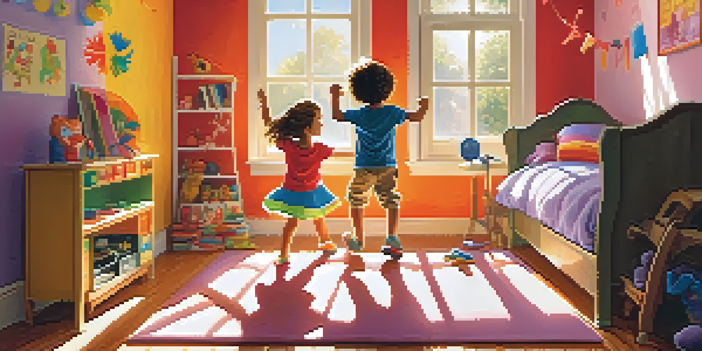 Two young children dancing joyfully in a bright room filled with toys and sunlight, showcasing their creativity and happiness.