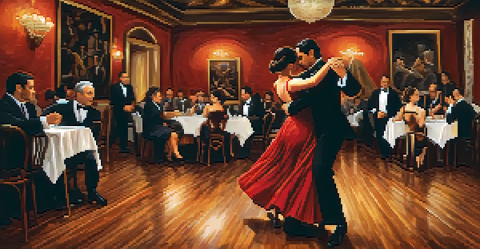 Couples dancing tango passionately in a traditional Buenos Aires milonga, with warm lighting and vintage decor.